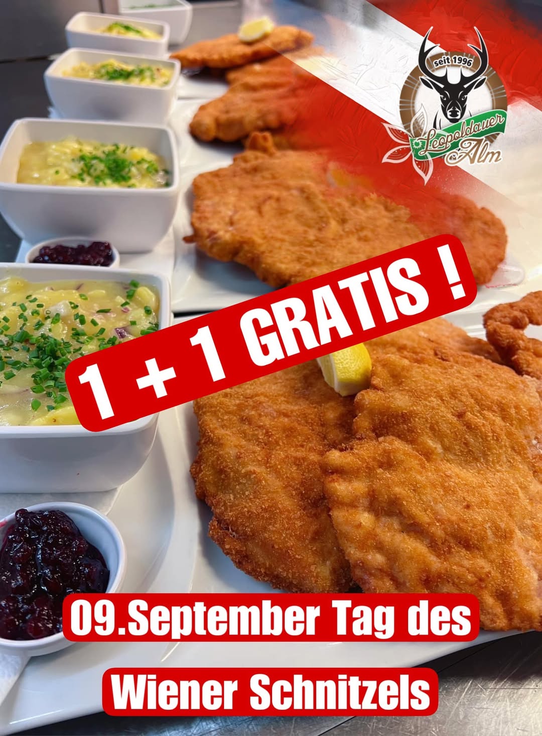 Du betrachtest gerade 🎉TAG DES SCHNITZELS 🎉 am DI 09.09.2025 von 15:00 bis 20:00 Uhr auf der Alm – 1+1 GRATIS  – EUR 18,90.– Karree Schnitzel oder Hühnerschnitzel mit Pommes oder Erdäpfelsalat – AKTION GÜLTIG NUR IM LOKAL !!!